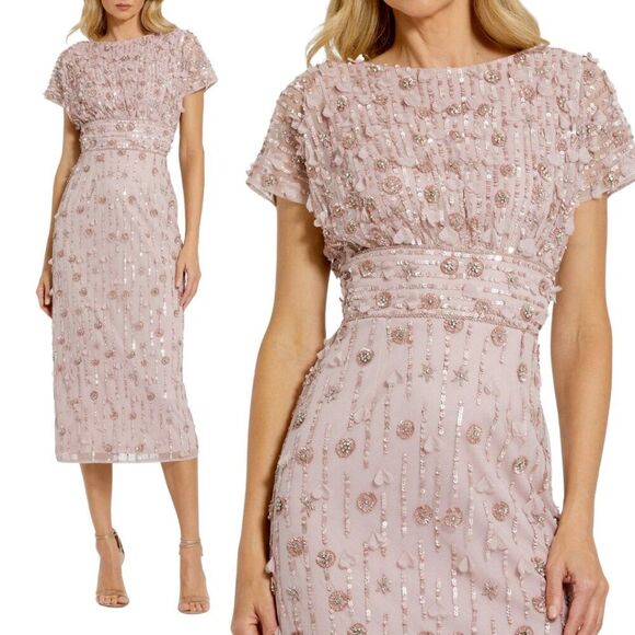 $498 Mac Duggal 94117 Womens Size 20 Light Pink Floral Beaded Column Midi Dress - Picture 1 of 6